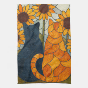 Linge De Cuisine Chats en vitrail et conception d'art de tournesols