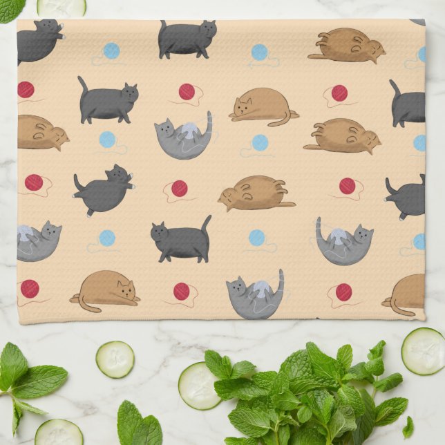 Linge De Cuisine Chats gras Motif sur beige (Plié)