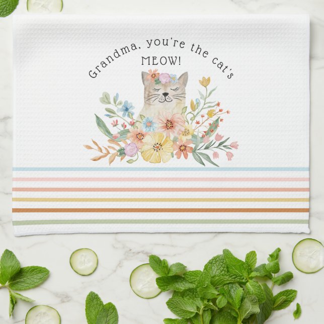 Linge De Cuisine Chats Meow Grandma Cute Kitty Floral Pastel (Plié)