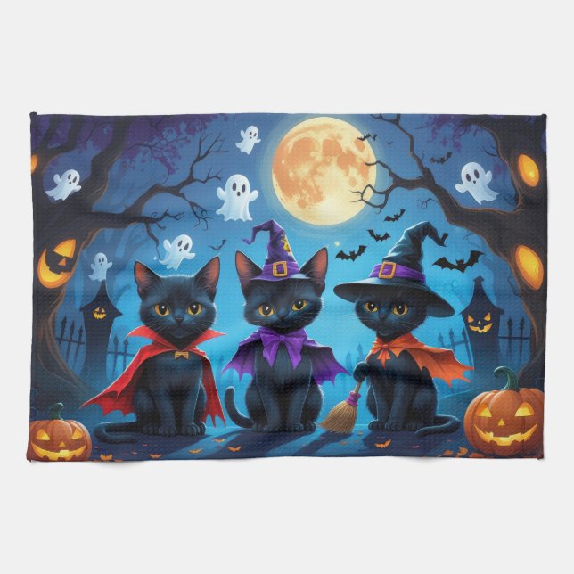 Linge De Cuisine Chats noirs Citrouille Halloween drôle (Horizontal)