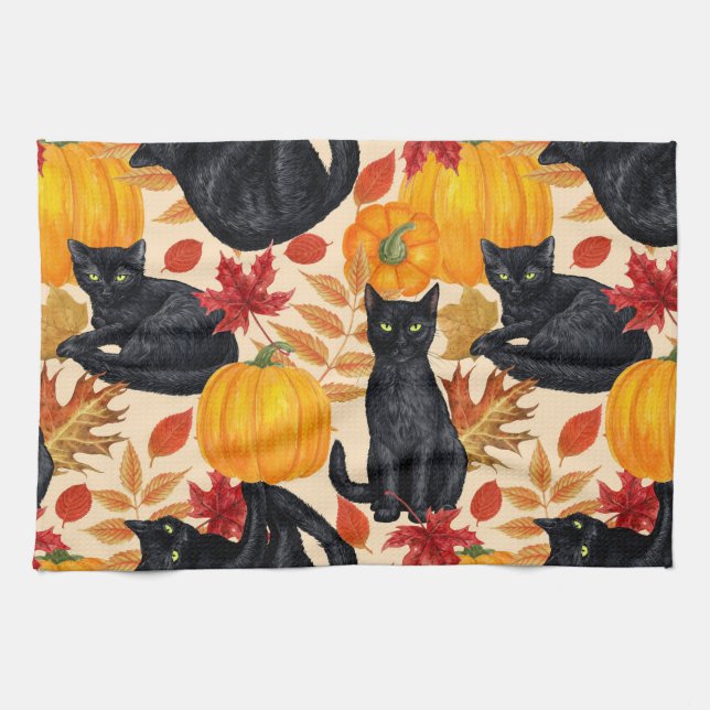 Linge De Cuisine Chats noirs et citrouilles (Horizontal)