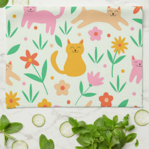 Linge De Cuisine Chats rétro heureux avec des fleurs orange rouge e