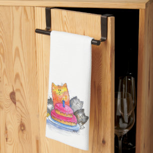 Linge De Cuisine Chats Whimsical avec gâteau d'anniversaire