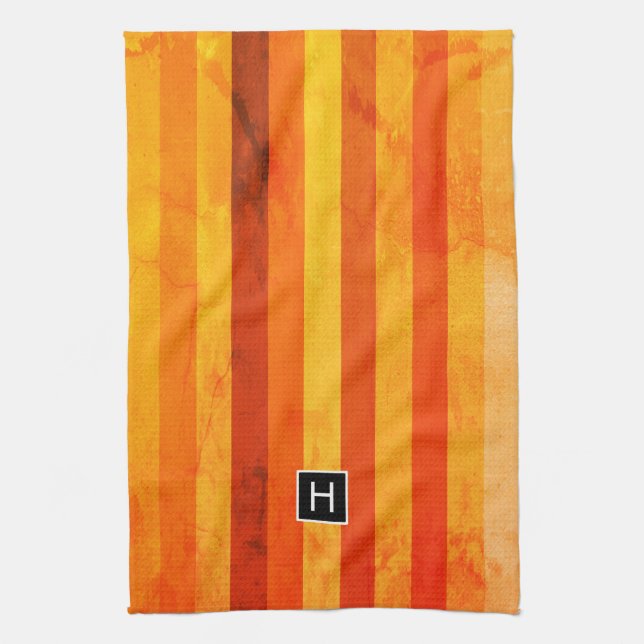 Linge De Cuisine Chaud Patiné Orange Rouge rayures Monogramme (Vertical)