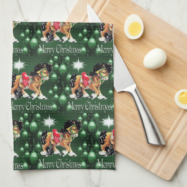 Linge De Cuisine Cheval Avec Ornements Vertes Joyeux Noël Vert (Quart Plié)