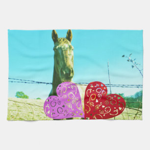Linge De Cuisine Cheval blond et Coeurs rose et rouge