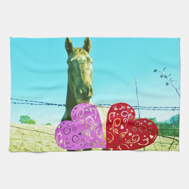 Linge De Cuisine Cheval blond et Coeurs rose et rouge (Horizontal)