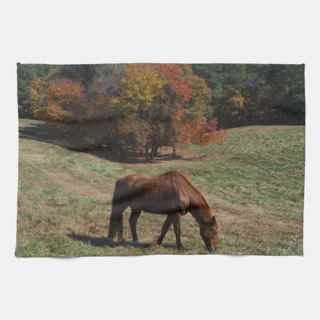 Linge De Cuisine Cheval Brown avec arbres à automne (Horizontal)