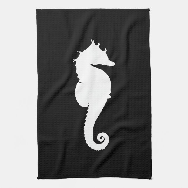 Linge De Cuisine Cheval de mer noir et blanc (Vertical)