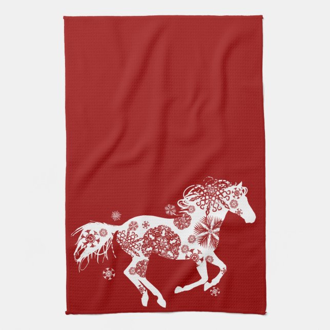 Linge De Cuisine Cheval de Noël aux flocons rouges et blancs (Vertical)