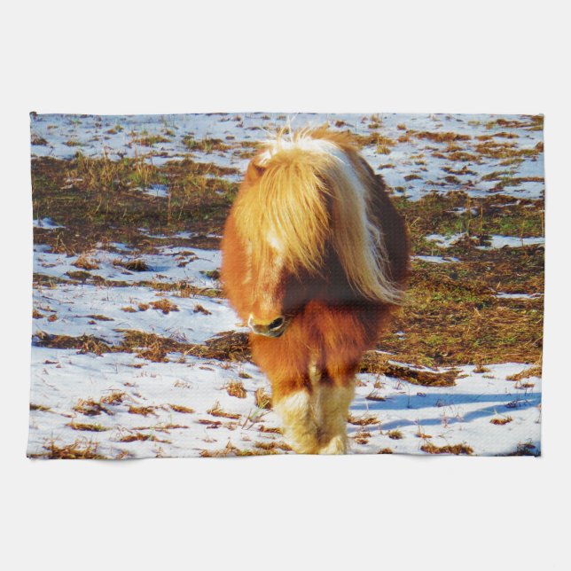 Linge De Cuisine Cheval miniature Brown et crème dans la neige. (Horizontal)