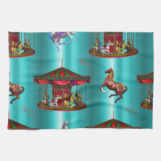 Linge De Cuisine Chevaux de carrousel en bleu (Horizontal)