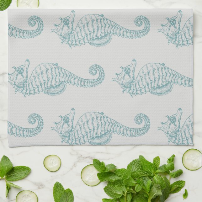 Linge De Cuisine Chevaux de mer tropicaux, Motif hippocampe - gris  (Plié)