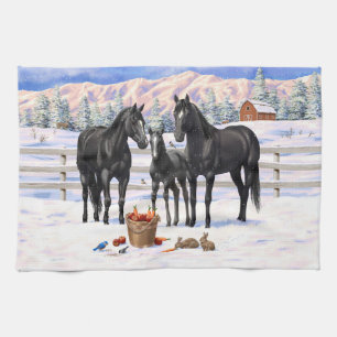 Linge De Cuisine Chevaux Du Quartier Noir En Neige