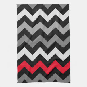 Linge De Cuisine Chevron noir et blanc avec la bande rouge