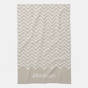 Linge De Cuisine Chevron Zigzag Ondulé Beige Et Blanc Avec Nom