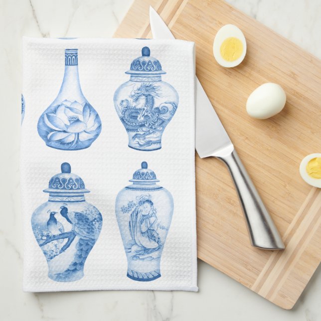Linge De Cuisine Chic Bleu Blanc Chinoiserie Porcelain Ginger Jars (Quart Plié)