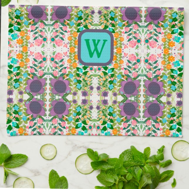 Linge De Cuisine Chic Floral Joli Monogramme Initial Élégant (Créateur téléchargé)