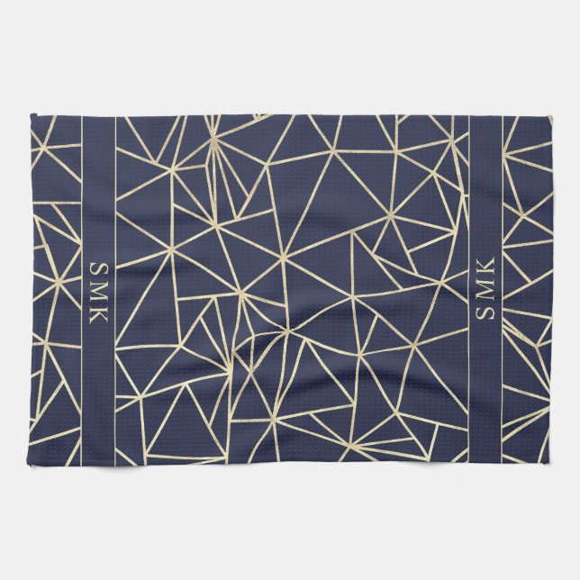 Linge De Cuisine Chic Gold Foil Géométrique Polygone bleu marine (Horizontal)