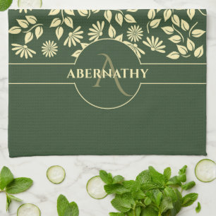 Linge De Cuisine Chic Monogramme Nom personnalisé Feuilles margueri