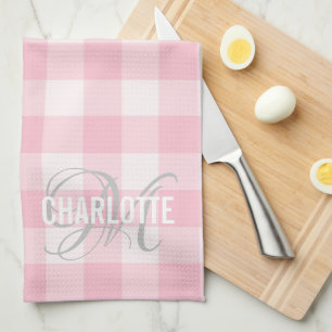 Linge De Cuisine Chic rose pâle en vichy nom monogramme