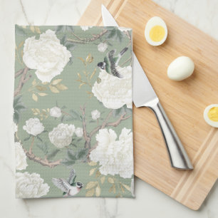 Linge De Cuisine Chic Sage Vert Chinoiserie Blanc Porcelaine Floral