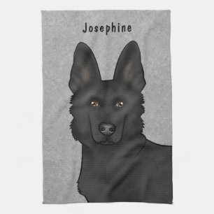 Linge De Cuisine Chien Allemand Noir Tête Et Nom Gris