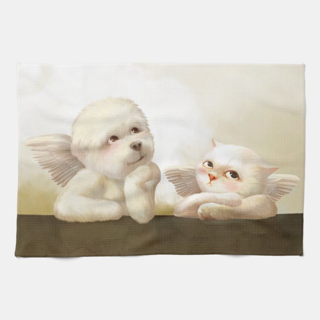 Linge De Cuisine Chien angélique et chat sur Cloud (Horizontal)