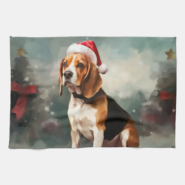 Linge De Cuisine Chien beagle à Noël de neige (Horizontal)