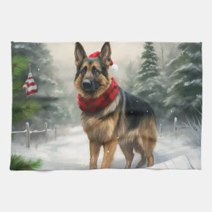 Linge De Cuisine Chien berger allemand en Noël de neige