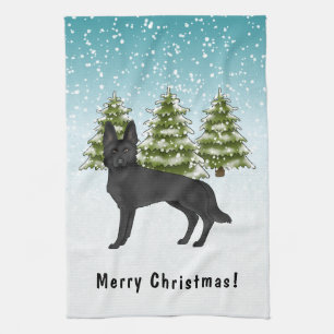 Linge De Cuisine Chien Berger Allemand noir forêt d'hiver avec text