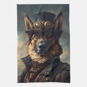 Linge De Cuisine Chien berger allemand Steampunk en haut-de-forme