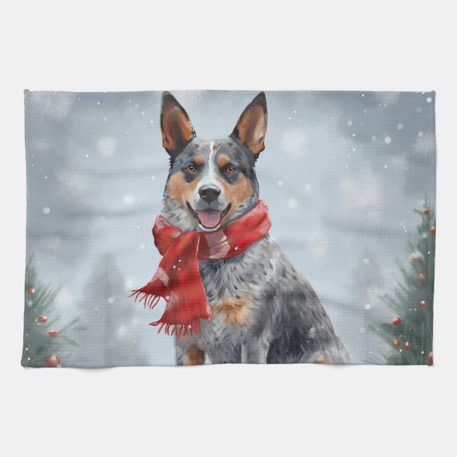 Linge De Cuisine Chien de bétail australien à Noël de neige (Horizontal)