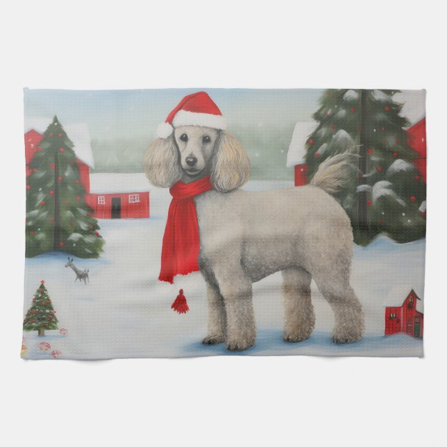Linge De Cuisine Chien de caniche à Noël de neige (Horizontal)