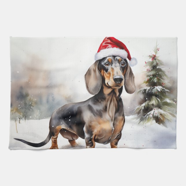 Linge De Cuisine Chien de Dachshund à Noël de neige (Horizontal)
