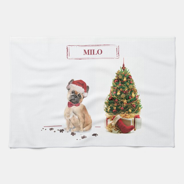 Linge De Cuisine Chien de Noël Funny avec arbre (Horizontal)