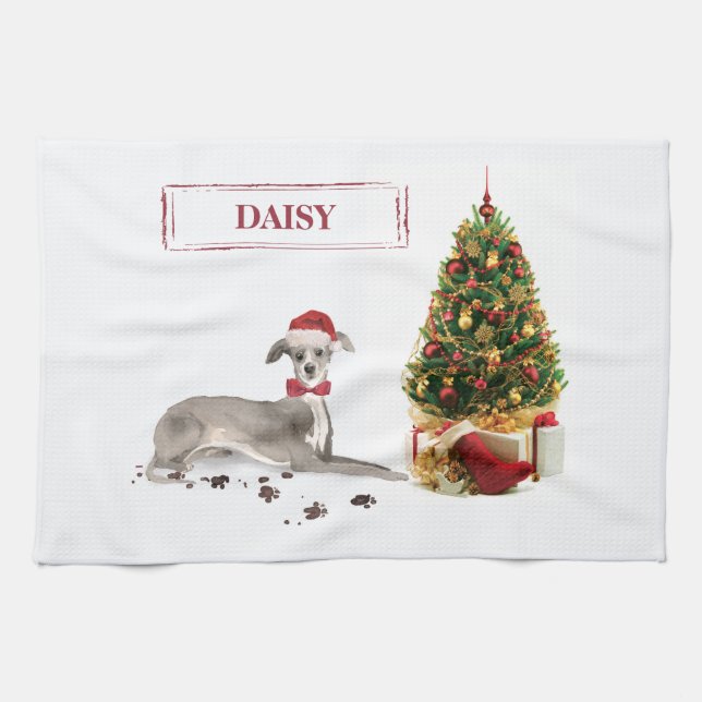Linge De Cuisine Chien de Noël italien Greyhound avec arbre (Horizontal)
