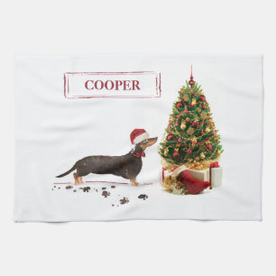 Linge De Cuisine Chien de Noël noir et Tan Dachshund drôle