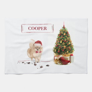 Linge De Cuisine Chien de Noël poméranien drôle avec arbre