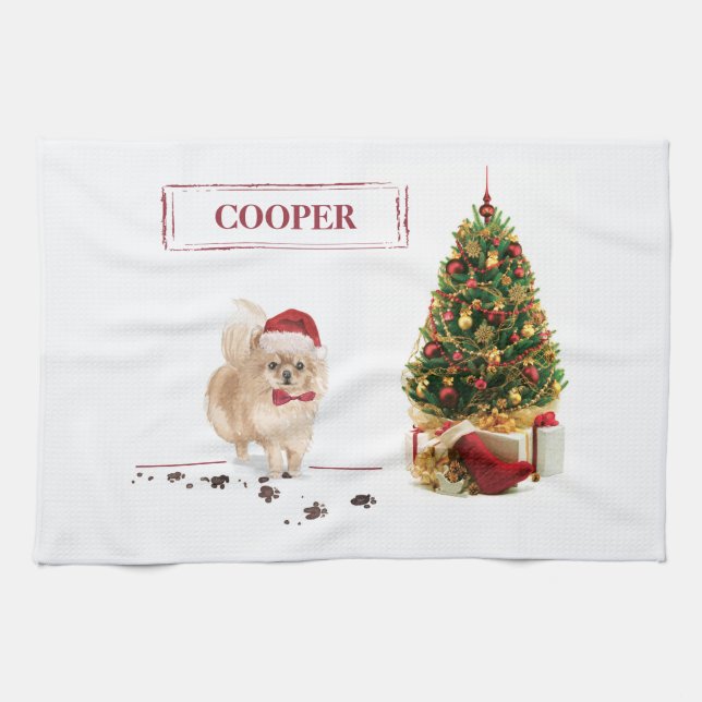 Linge De Cuisine Chien de Noël poméranien drôle avec arbre (Horizontal)