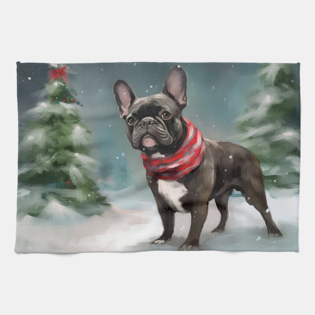 Linge De Cuisine Chien de taureau français à Noël de neige (Horizontal)