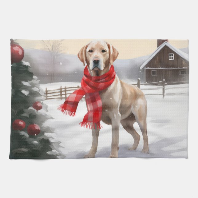 Linge De Cuisine Chien du Labrador à Noël de neige (Horizontal)