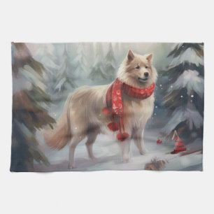 Linge De Cuisine Chien finnois de Laponie dans la neige de Noël 