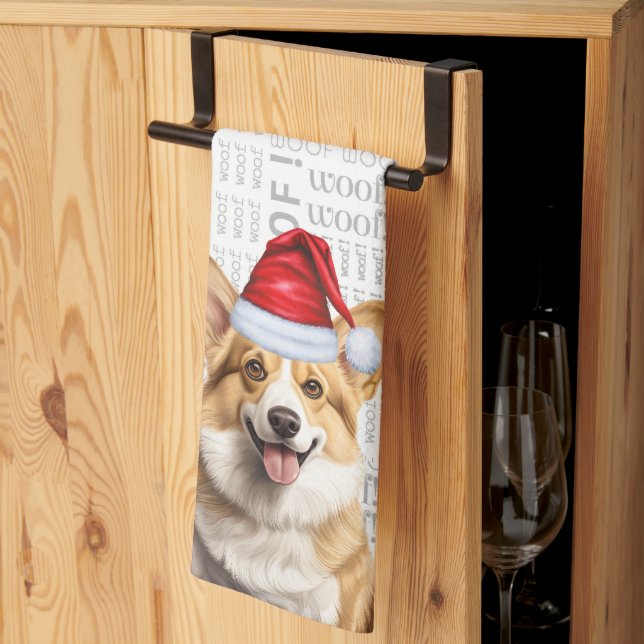 Linge De Cuisine Chien gallois à Santa Hat Woof Noël (Pliage en tiers)