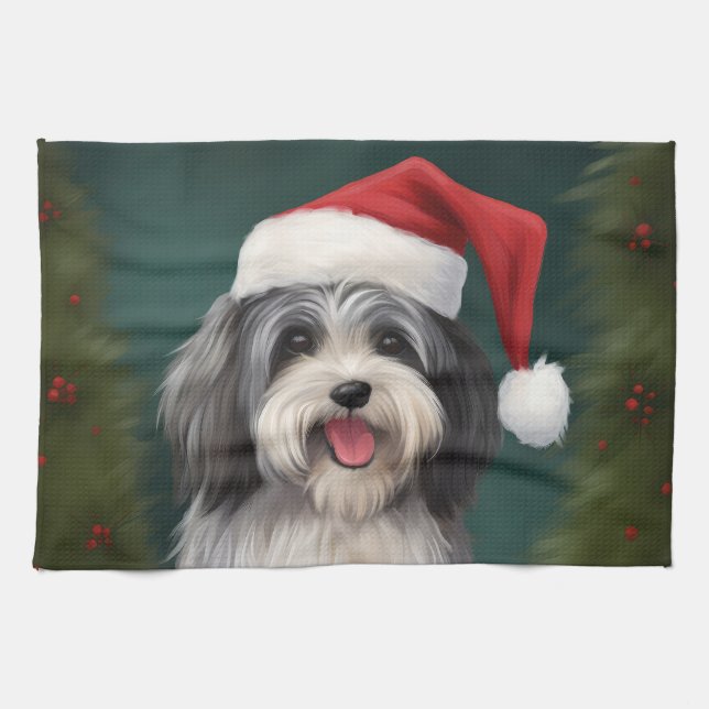 Linge De Cuisine Chien Havanais en Noël de neige (Horizontal)