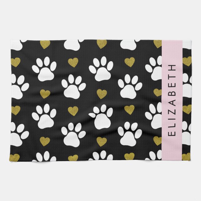 Linge De Cuisine Chien Paws, White Paws, Gold Hearts, Votre Nom (Horizontal)