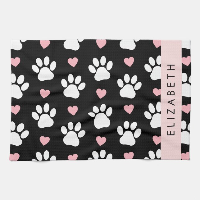 Linge De Cuisine Chien Paws, White Paws, Rose Hearts, Votre Nom (Horizontal)