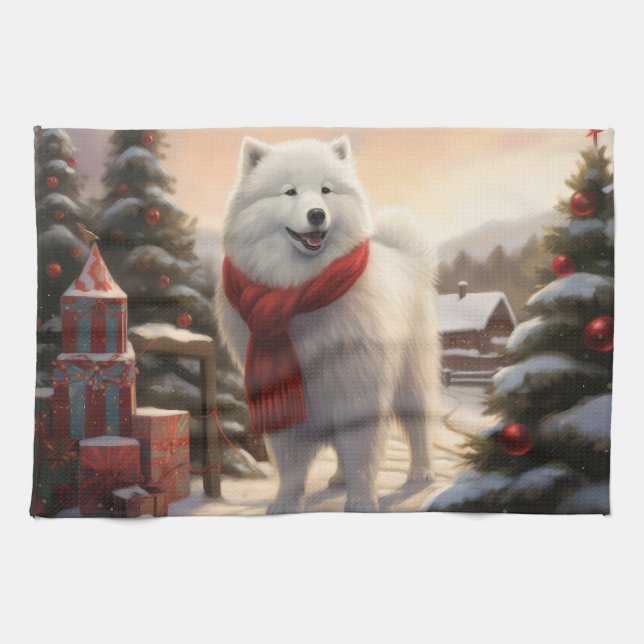 Linge De Cuisine Chien Samoyé à Noël de neige (Horizontal)