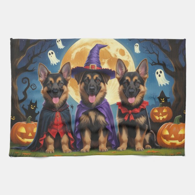 Linge De Cuisine Chiens bergers allemands Citrouille Halloween drôl (Horizontal)