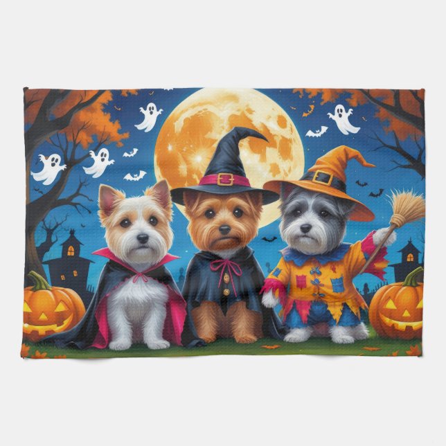 Linge De Cuisine Chiens Cairn Terrier Citrouille Halloween Drôle (Horizontal)